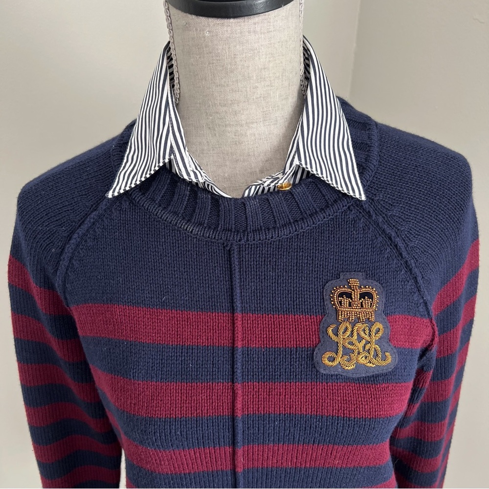 Lauren Ralph Lauren Bullion Crest Faux Layered Sweater Navy Red Stripe Medium - Picture 6 of 17